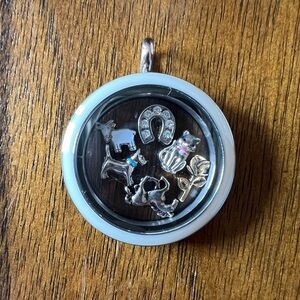Origami Owl Locket Pendant w 6 Floating Charms Horseshoe Horse Dog Cat Goat Rose